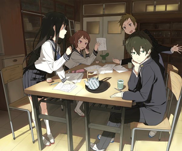 Anime picture 1000x832 with hyouka kyoto animation chitanda eru oreki houtarou ibara mayaka fukube satoshi gyaku tsubasa long hair short hair black hair red eyes brown hair standing sitting multiple girls brown eyes green eyes looking away black eyes multiple boys