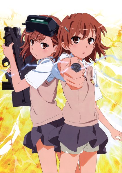 Anime picture 2174x3100 with to aru kagaku no railgun to aru majutsu no index j.c. staff misaka mikoto misaka imouto tanaka yuuichi tall image highres short hair brown hair multiple girls brown eyes scan official art lightning biribiri girl skirt uniform weapon