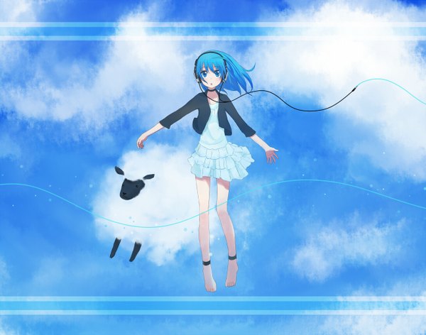 Anime picture 1300x1024 with original kosa k single short hair open mouth blue eyes blue hair barefoot wallpaper spread arms blue background girl animal headphones wire (wires)