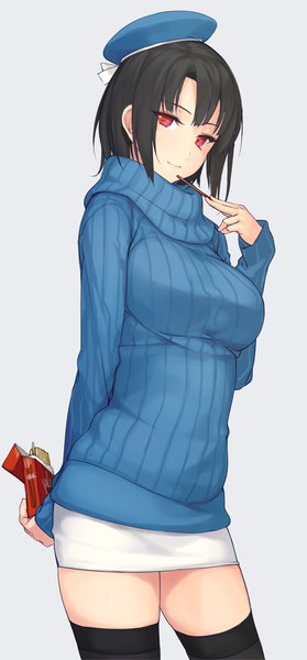 Anime picture 466x1000 with kantai collection takao heavy cruiser rokuwata tomoe single tall image looking at viewer short hair black hair simple background red eyes light smile grey background alternate costume zettai ryouiki girl thighhighs skirt black thighhighs miniskirt food