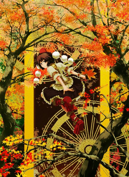Anime picture 745x1024 with touhou shameimaru aya nekoita single tall image looking at viewer short hair smile brown hair holding brown eyes autumn girl skirt plant (plants) tree (trees) headdress leaf (leaves) fan blouse