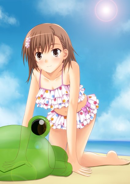 Anime picture 1700x2400 with to aru kagaku no railgun to aru majutsu no index j.c. staff misaka mikoto gekota kamiko to seiryoku single tall image blush highres short hair brown hair brown eyes beach kneeling girl swimsuit sun frog