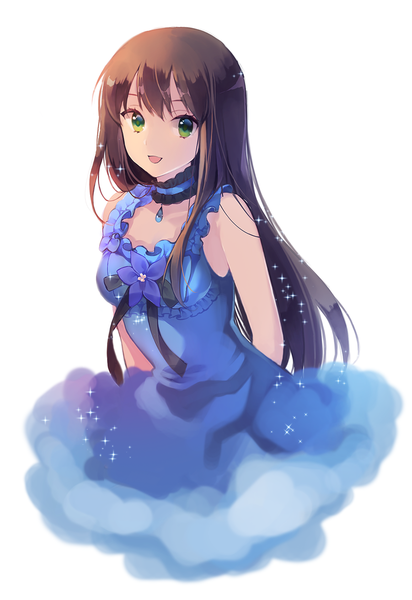 Anime picture 901x1312 with idolmaster idolmaster cinderella girls shibuya rin ice (ice aptx) single long hair tall image looking at viewer fringe open mouth brown hair bare shoulders green eyes cloud (clouds) sparkle sleeveless hands behind back girl dress flower (flowers)