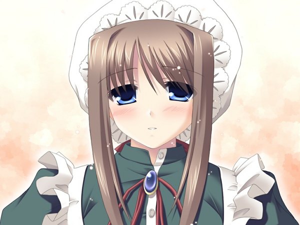 Anime picture 1024x768 with mahou hitotsu kudasaina (game) blue eyes brown hair game cg maid girl