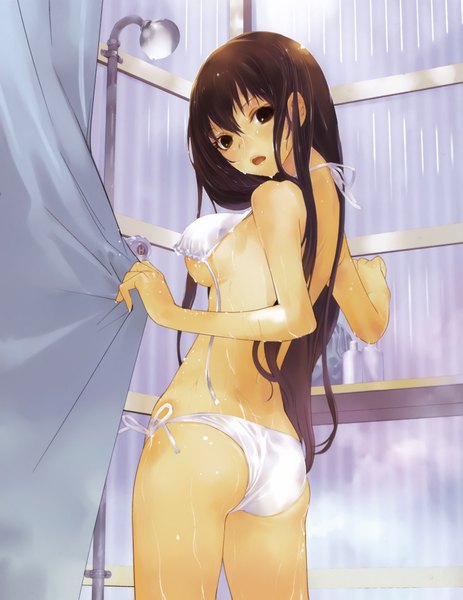 Anime picture 3141x4072 with okazaki takeshi single long hair tall image highres open mouth light erotic bare shoulders brown eyes absurdres ass looking back wet undressing wet clothes bare back girl swimsuit water curtains