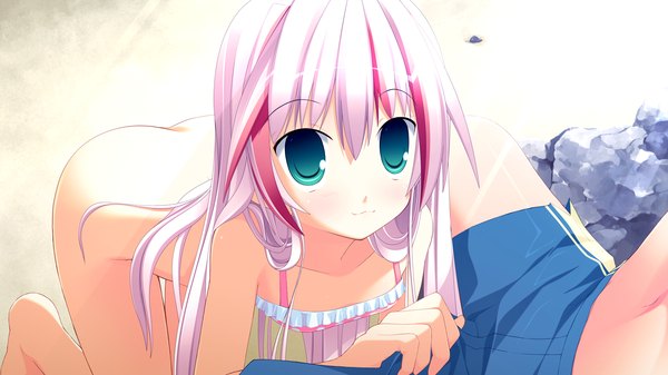 Anime picture 1280x720 with tiny dungeon (game) rosebleu long hair light erotic wide image green eyes pink hair game cg girl swimsuit