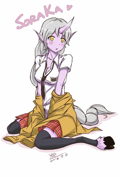 Anime picture 2204x3240 with league of legends soraka (league of legends) shiroi ume (artist) single tall image looking at viewer blush highres simple background white background sitting yellow eyes cleavage very long hair horn (horns) pointy ears grey hair character names wariza girl