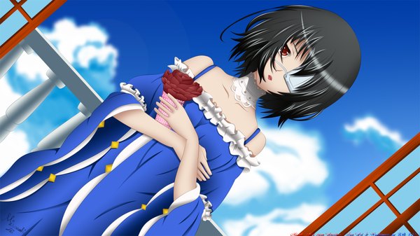 Anime picture 1920x1080 with another p.a. works misaki mei miyazaki rei single highres short hair black hair red eyes wide image bare shoulders cloud (clouds) girl dress eyepatch