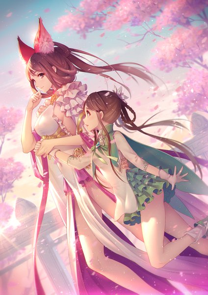 Anime picture 1060x1500 with tidsean long hair tall image breasts light erotic smile brown hair large breasts multiple girls brown eyes green eyes animal ears bent knee (knees) braid (braids) profile wind sideboob cherry blossoms holding hands looking up