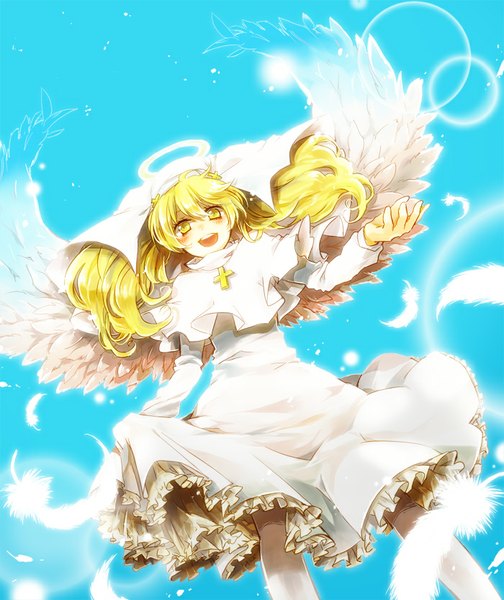 Anime picture 700x834 with pop'n music poet ia (artist) single long hair tall image blush fringe open mouth simple background blonde hair smile twintails yellow eyes sky blue background angel wings angel nun girl