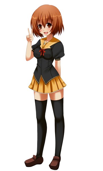 Anime picture 1280x2116 with original miyagi izumi h-neko single tall image blush short hair open mouth simple background smile brown hair white background brown eyes victory girl thighhighs uniform black thighhighs school uniform