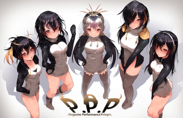 Anime picture 4716x3035 with kemono friends emperor penguin (kemono friends) royal penguin (kemono friends) humboldt penguin (kemono friends) gentoo penguin (kemono friends) rockhopper penguin (kemono friends) hplay (kyoshinou) long hair looking at viewer blush fringe highres short hair open mouth light erotic simple background blonde hair smile hair between eyes red eyes
