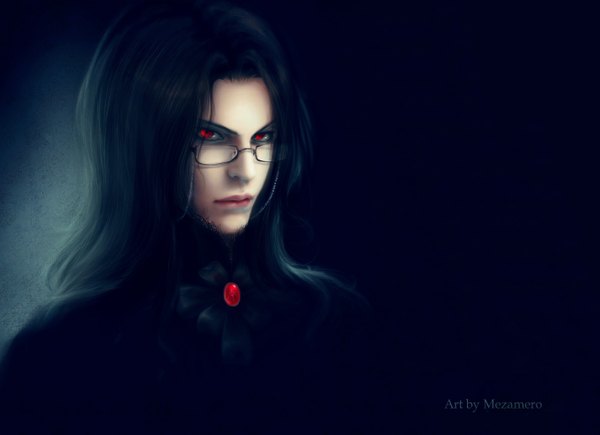 Anime picture 1361x987 with the picture of dorian gray dorian gray mezamero single long hair black hair red eyes lips realistic dark background gloom boy glasses locket