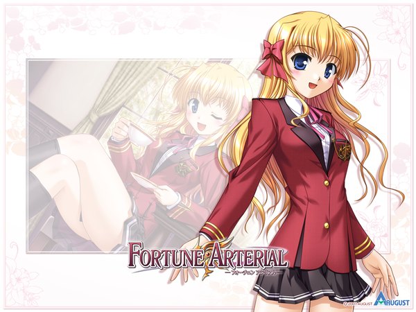 Anime picture 1280x960 with fortune arterial august soft sendou erika bekkankou long hair looking at viewer blush open mouth blue eyes blonde hair :d copyright name girl skirt bow hair bow black skirt