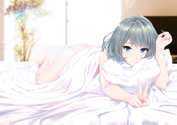 Anime picture 2036x1440 with idolmaster idolmaster cinderella girls takagaki kaede infinote single looking at viewer fringe highres short hair light erotic smile lying grey hair mole mole under eye heterochromia victory on stomach girl window