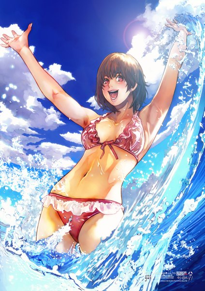 Anime picture 1753x2480 with original hokoodo tall image highres short hair smile red eyes brown hair sky cloud (clouds) happy spread arms girl swimsuit bikini sea splashes