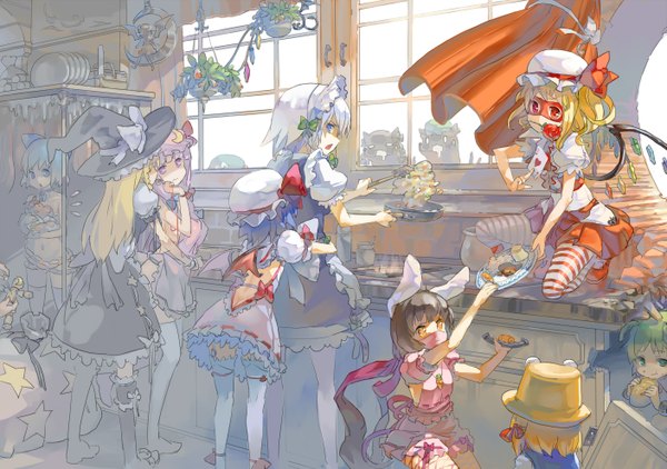 Anime picture 1407x990 with touhou flandre scarlet remilia scarlet kirisame marisa izayoi sakuya patchouli knowledge alice margatroid cirno moriya suwako kaenbyou rin chen kawashiro nitori inaba tewi mystia lorelei wriggle nightbug kaenbyou rin (cat) chen (cat) mystia lorelei (bird) 77gl long hair