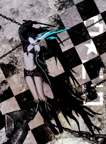 Anime picture 4000x5465 with black rock shooter black rock shooter (character) long hair tall image looking at viewer highres twintails absurdres inscription glowing scar glowing eye (eyes) checkered background girl gloves sword shorts katana cloak bikini top
