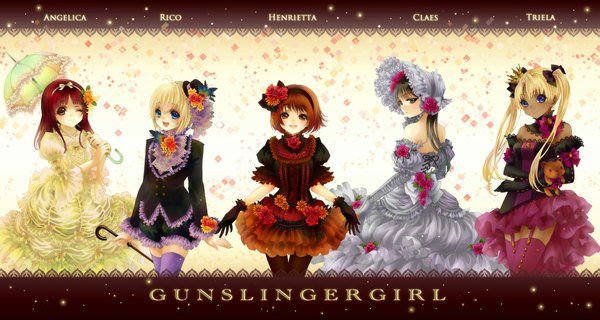 Anime picture 2250x1200 with gunslinger girl madhouse triela henrietta (gunslinger girl) claes angelica yuzu 5101 long hair looking at viewer blush highres short hair open mouth blue eyes blonde hair smile brown hair wide image twintails bare shoulders