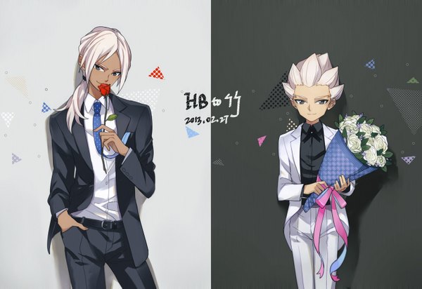 Anime picture 1400x963 with inazuma eleven inazuma eleven go gouenji shuuya nanjou (sumeragimishiro) long hair looking at viewer short hair smile white hair ponytail black eyes grey background hand in pocket dual persona alternate age younger boy flower (flowers) rose (roses) suit