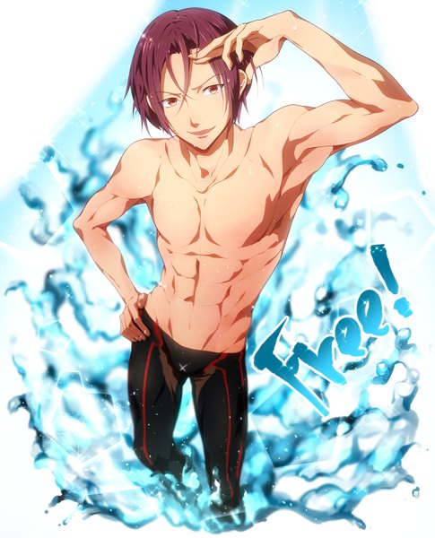 Anime picture 1200x1483 with free! kyoto animation matsuoka rin yamaki suzume single tall image looking at viewer short hair open mouth red eyes brown hair from above inscription armpit (armpits) hand on hip muscle boy water