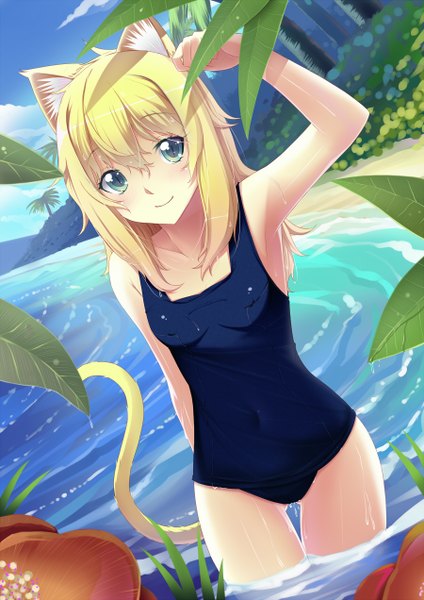 Anime picture 900x1272 with original sonikey0 0 single long hair tall image looking at viewer blue eyes light erotic blonde hair smile animal ears tail animal tail cat ears cat girl cat tail girl swimsuit leaf (leaves) one-piece swimsuit