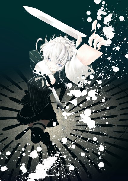 Anime picture 2893x4092 with touhou izayoi sakuya socha single tall image looking at viewer highres short hair blue eyes white hair braid (braids) twin braids girl thighhighs dress weapon black thighhighs headdress maid headdress dagger