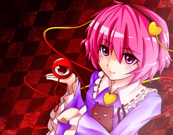 Anime picture 1400x1100 with touhou komeiji satori short hair purple eyes pink hair checkered floor eyes girl dress