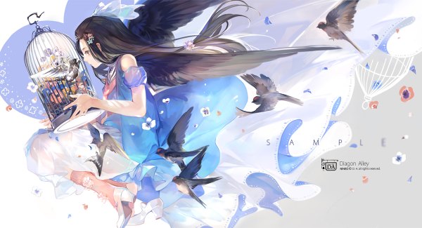 Anime picture 1200x650 with original nineo single long hair brown hair wide image bare shoulders holding brown eyes profile hair flower high heels text flying mechanical girl dress hair ornament flower (flowers) bow