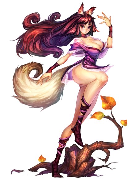 Anime picture 1414x2000 with original zhang wei yi single long hair tall image looking at viewer breasts light erotic simple background brown hair white background brown eyes animal ears tail traditional clothes animal tail legs fox ears fox tail fox girl