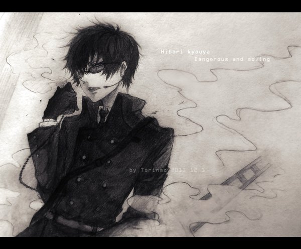 Anime picture 1800x1488 with katekyou hitman reborn pixiv hibari kyouya torinmo single highres short hair open mouth black hair monochrome letterboxed framed spiked hair boy weapon shirt glasses sunglasses suit tonfa