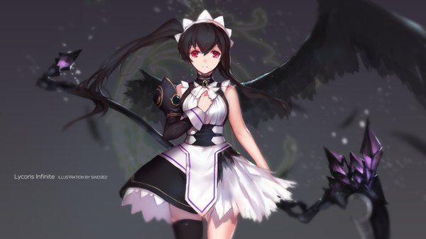 Anime picture 1985x1117 with original swd3e2 single long hair looking at viewer highres black hair red eyes wide image side ponytail dark background girl thighhighs dress weapon wings single thighhigh scythe
