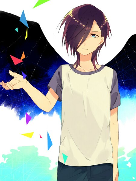 Anime picture 630x840 with hataraku maou-sama! white fox urushihara hanzou harusaki (176biz) single tall image fringe short hair blue eyes standing looking away purple hair hair over one eye piercing outstretched arm ear piercing boy t-shirt