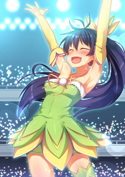 Anime picture 827x1169 with idolmaster ganaha hibiki racer (magnet) single long hair tall image blush open mouth black hair ponytail eyes closed armpit (armpits) floral (idolmaster) vital sunflower girl gloves elbow gloves