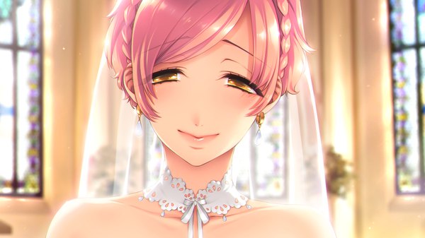 Anime picture 1280x720 with akeiro kaikitan kuzumi misato sumeragi kohaku single looking at viewer short hair smile wide image bare shoulders brown eyes pink hair game cg girl wedding veil