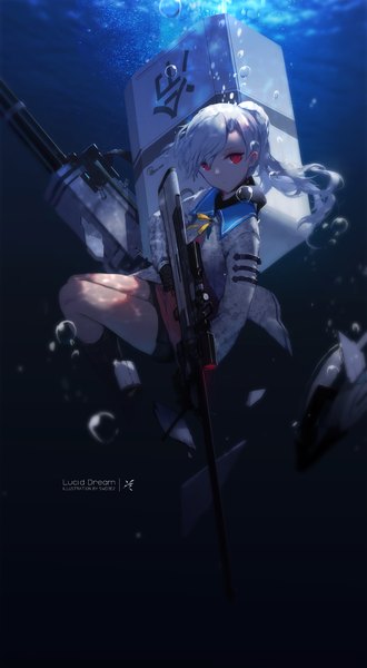 Anime picture 992x1800 with closers tina (closers) swd3e2 single long hair tall image looking at viewer red eyes white hair ponytail dark background underwater girl weapon socks gun black socks sniper rifle