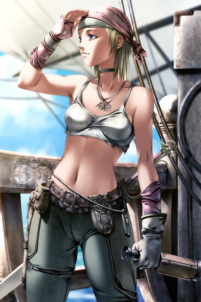 Anime picture 667x1000 with original rezi single tall image short hair blue eyes blonde hair bare shoulders midriff torn clothes girl navel jewelry collar bandana spyglass