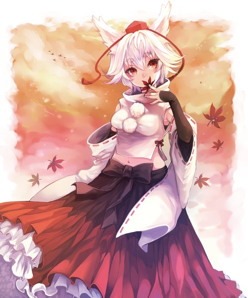 Anime picture 1000x1200 with touhou inubashiri momiji settyaro single tall image looking at viewer short hair red eyes animal ears white hair girl dress hat detached sleeves leaf (leaves) pom pom (clothes)