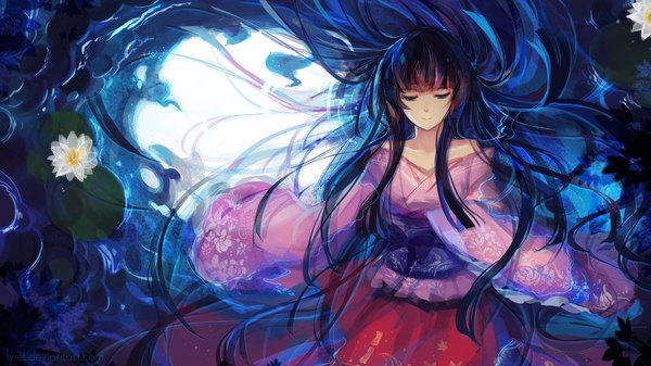 Anime picture 1920x1080 with touhou houraisan kaguya lyiet single long hair fringe highres black hair smile wide image blue hair lying eyes closed long sleeves traditional clothes japanese clothes multicolored hair wide sleeves partially submerged gradient hair