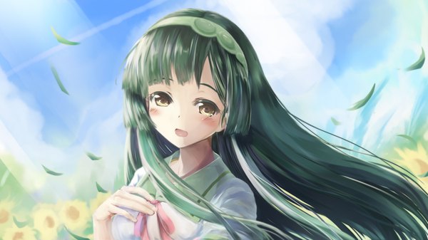 Anime picture 1920x1080 with daidou (demitasse) single long hair looking at viewer blush highres open mouth wide image green eyes yellow eyes green hair girl flower (flowers) hairband