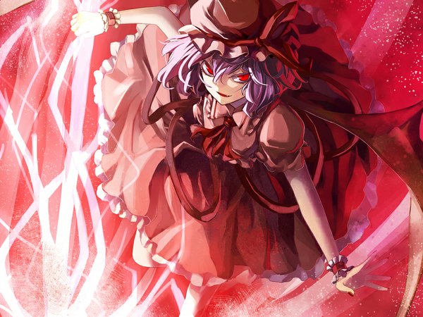 Anime picture 880x660 with touhou remilia scarlet eredhen single looking at viewer short hair red eyes purple hair nail polish parted lips teeth fang (fangs) outstretched arm magic girl weapon wings bonnet spear the gungnir
