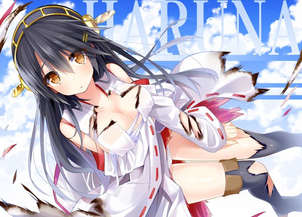 Anime picture 1500x1080 with kantai collection haruna battleship kazu kakao long hair looking at viewer breasts light erotic black hair bare shoulders yellow eyes cleavage pantyshot torn clothes girl thighhighs hair ornament underwear panties torn thighhighs