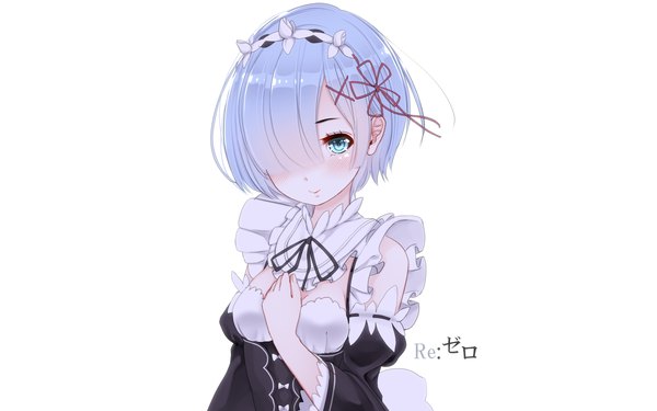 Anime picture 1920x1200 with re:zero kara hajimeru isekai seikatsu white fox rem (re:zero) kiyomin single blush fringe highres short hair blue eyes simple background smile white background blue hair upper body hair over one eye maid embarrassed wallpaper copyright name