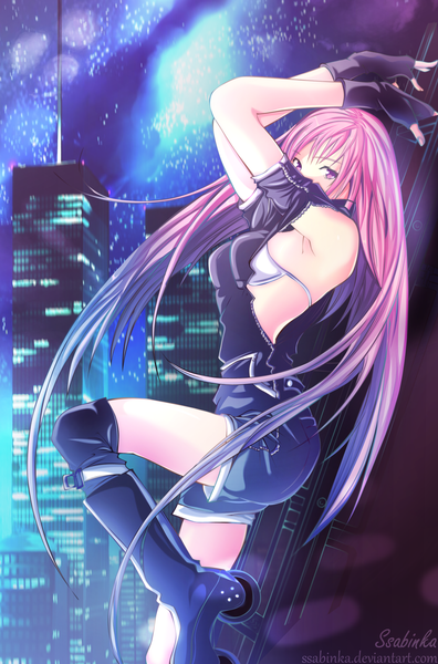 Anime picture 1732x2622 with air gear toei animation simca ssabinka single tall image highres light erotic pink hair very long hair pink eyes night armpit (armpits) night sky coloring city girl fingerless gloves building (buildings) star (stars)