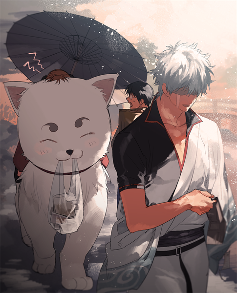 Anime picture 808x1000 with gintama sunrise (studio) sakata gintoki kagura (gintama) shimura shinpachi sadaharu sennen suisei tall image blush fringe short hair open mouth black hair brown hair sitting holding silver hair outdoors traditional clothes japanese clothes