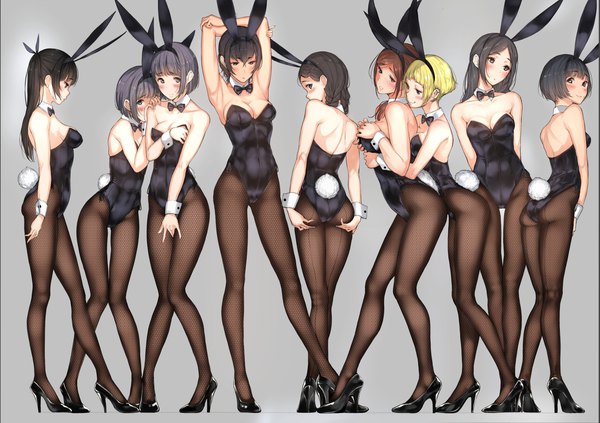 Anime picture 2006x1417 with original tsukino wagamo long hair looking at viewer blush fringe highres short hair breasts light erotic black hair blonde hair hair between eyes brown hair standing twintails multiple girls animal ears looking away cleavage