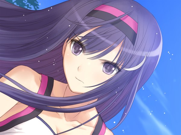 Anime picture 1024x768 with fault!! kamiwazumi maya tony taka long hair purple eyes game cg purple hair girl hairband