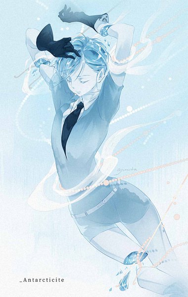Anime picture 600x946 with houseki no kuni antarcticite ajimita single tall image short hair simple background signed blue hair eyes closed arms up character names blue background androgynous amputee gloves black gloves necktie belt beads