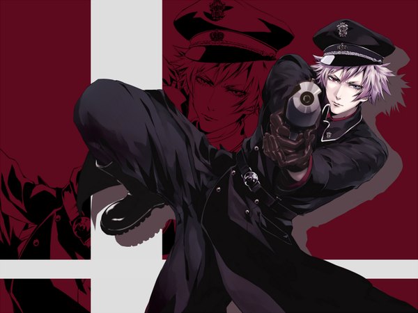 Anime picture 1600x1200 with uta no prince-sama a-1 pictures kurosaki ranmaru meromizawa (artist) single looking at viewer short hair red eyes holding pink hair purple hair bent knee (knees) grey eyes zoom layer multicolored eyes boy gloves uniform weapon black gloves