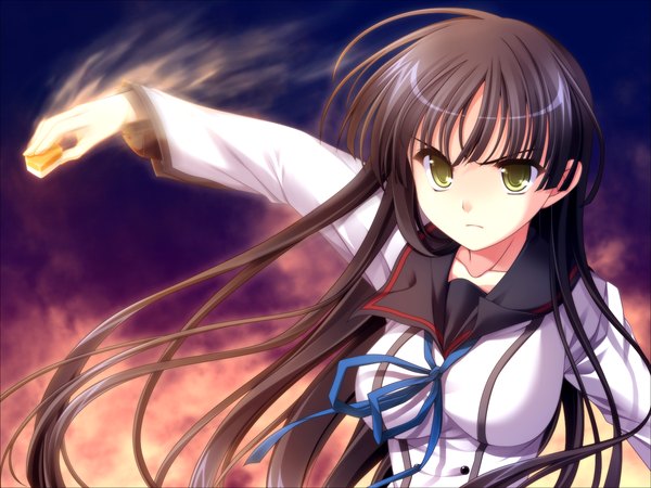 Anime picture 1600x1200 with tasogare no saki ni noboru ashita odawara hakone long hair black hair yellow eyes game cg mahjong girl uniform school uniform